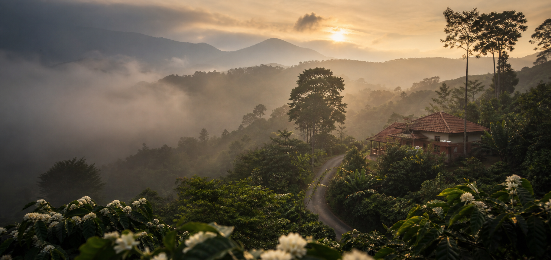 Mist lifting over a Coorg coffee estate